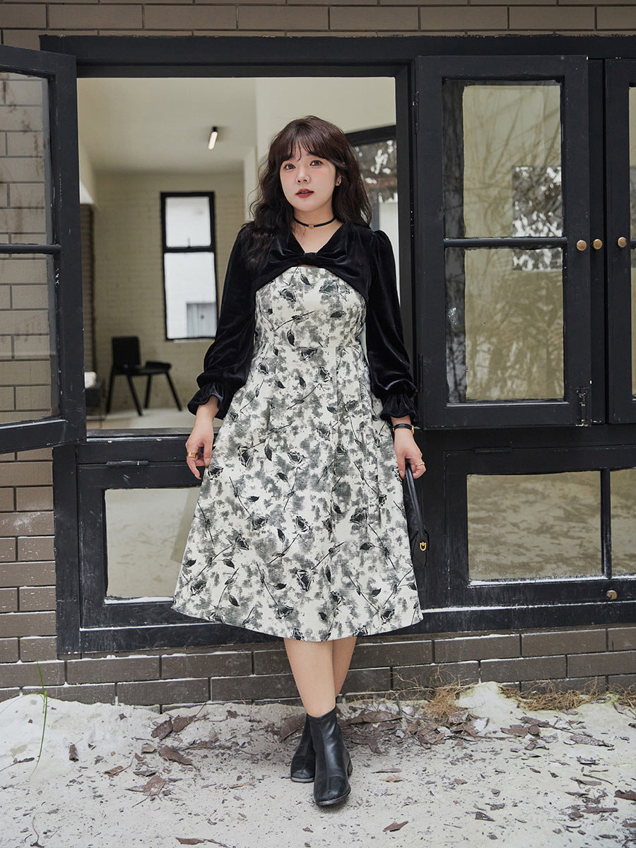 大きいサイズ レディース エレガントベルベットリボンプリントワンピース LL 3L 4L 5L