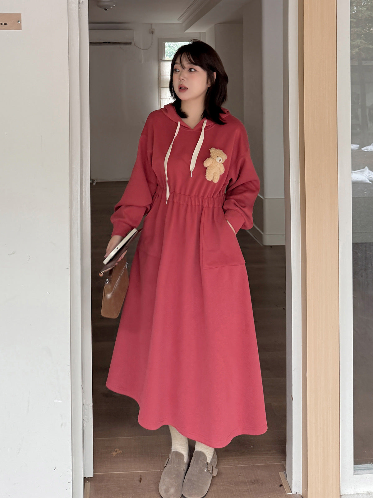 大きいサイズ レディース フード付きベアーマスコット厚手スウェットワンピース LL 3L 4L 5L