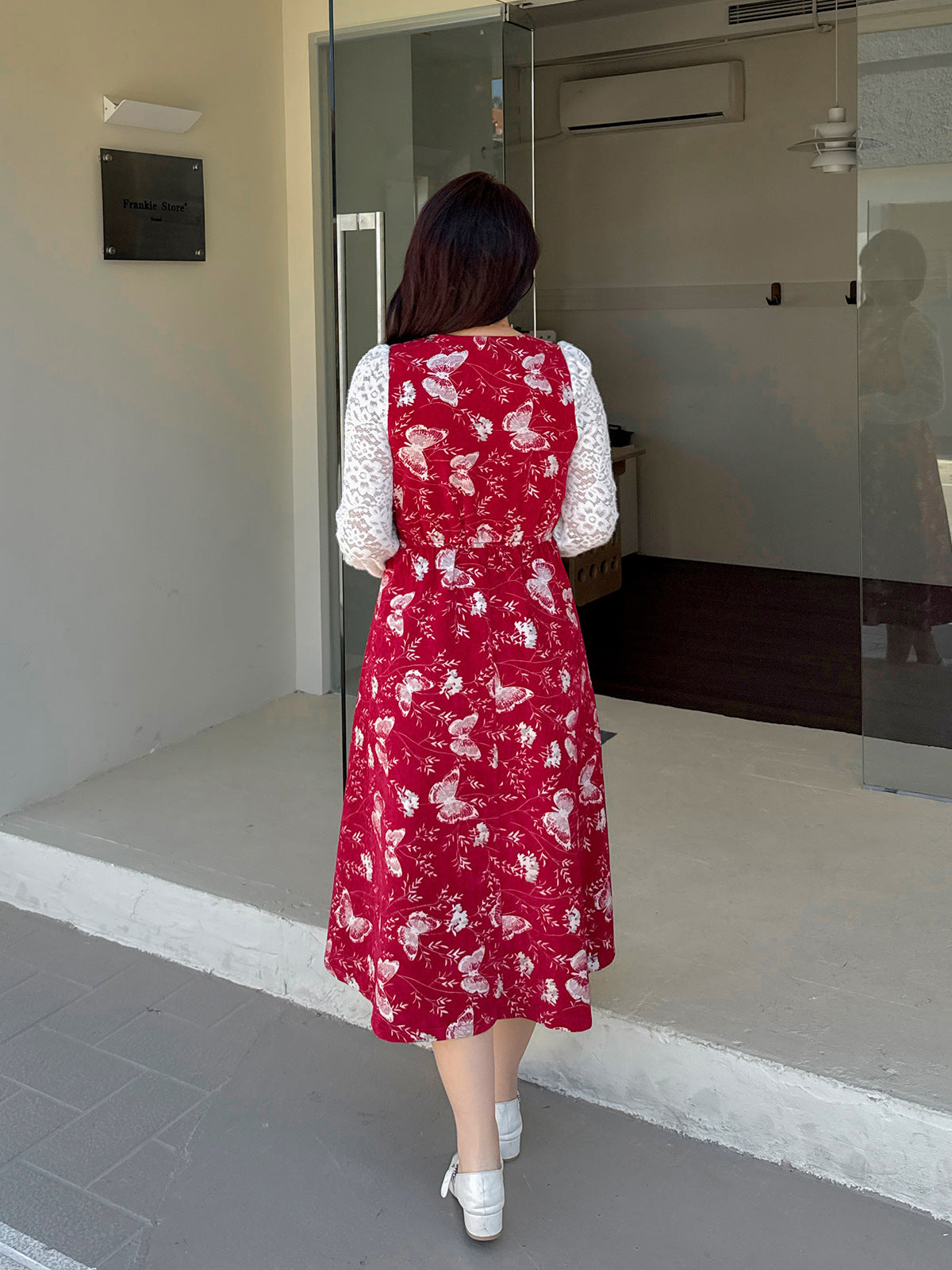 大きいサイズ レディース フェイクツーピースバタフライ刺繍レースワンピース LL 3L 4L 5L