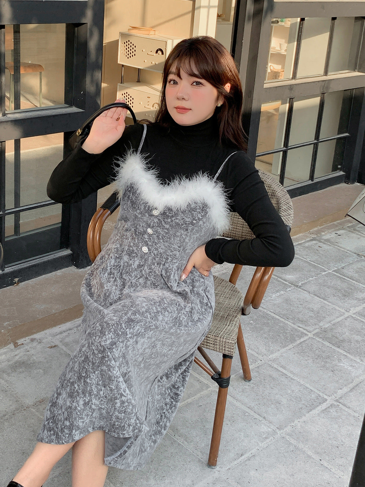 大きいサイズ レディース  ファーベルベットスリップワンピースヴィンテージプリント LL 3L 4L 5L