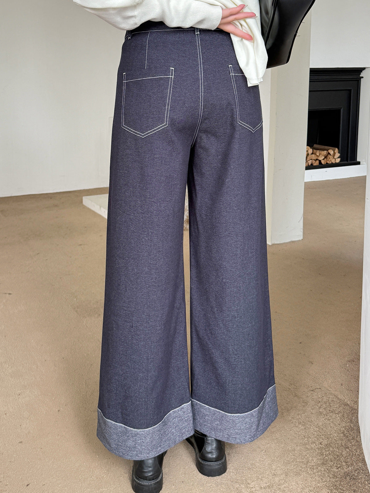 大きいサイズ レディース フェイクデニム折り返しワイドレッグパンツ LL 3L 4L 5L