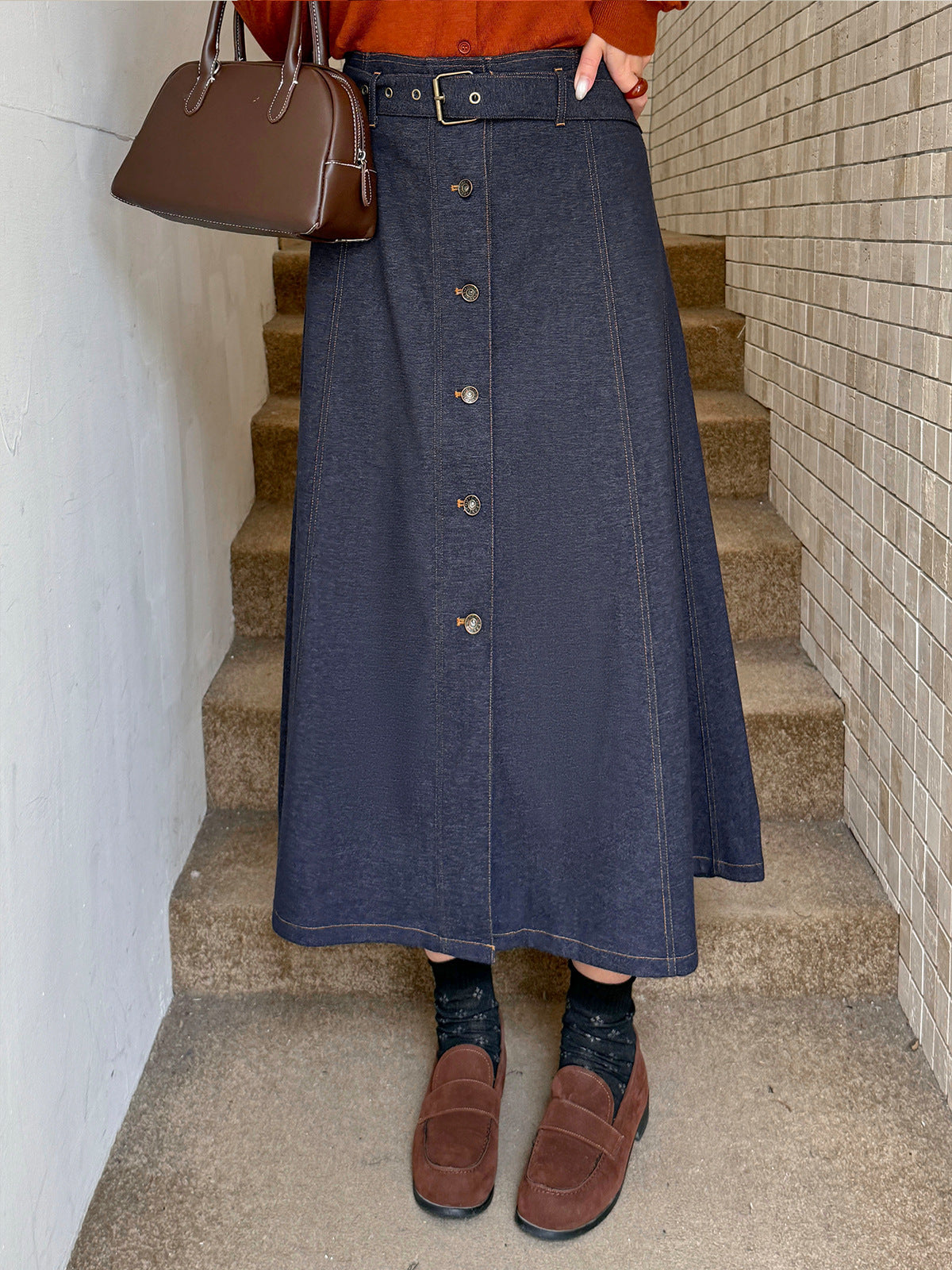 大きいサイズ レディース 起毛フェイクデニムベルト付ボタンダウンロングスカート LL 3L 4L 5L