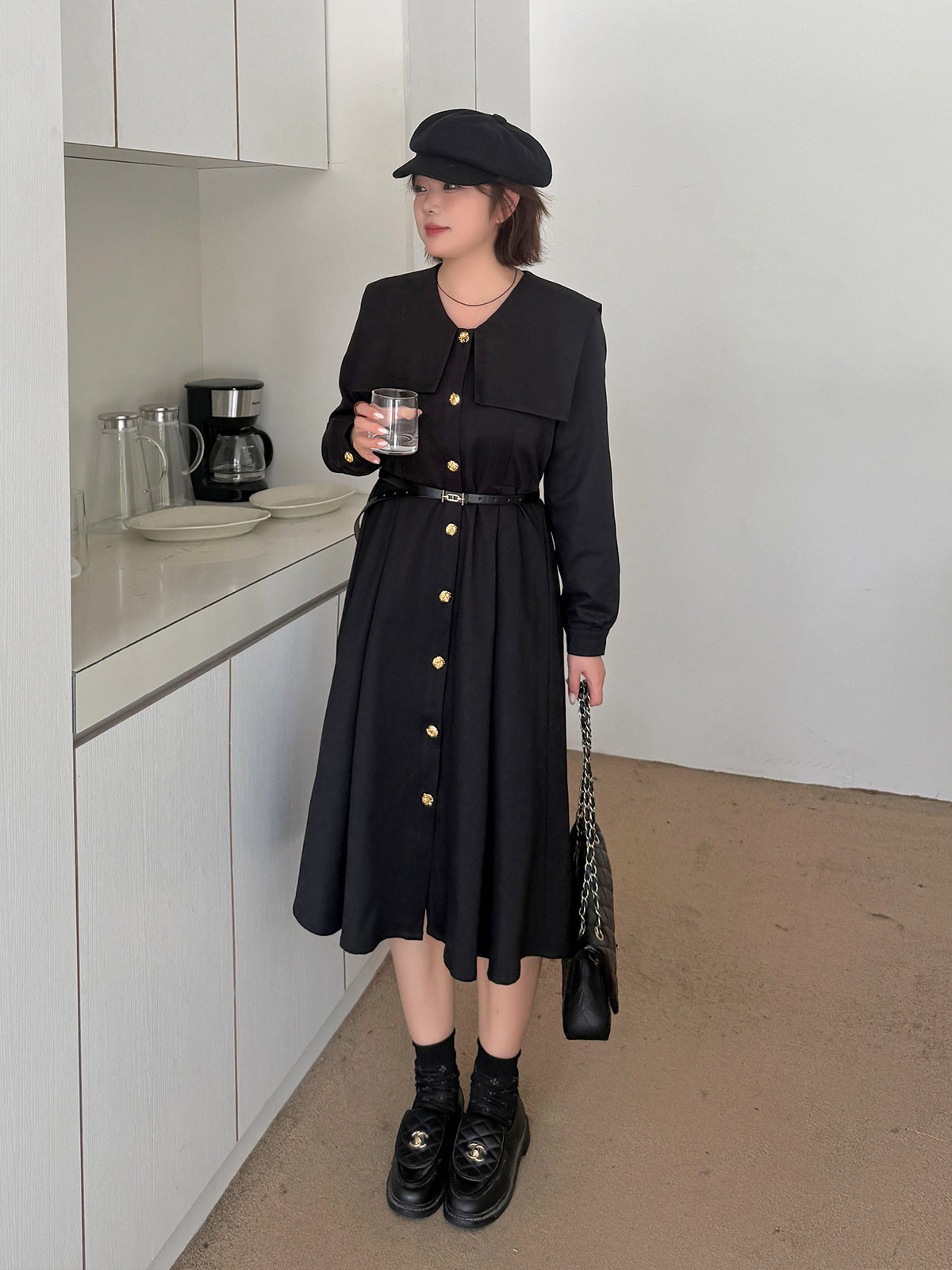 大きいサイズ レディース ビックラペルボタンダウンブラックワンピース（ベルト別売） LL 3L 4L 5L