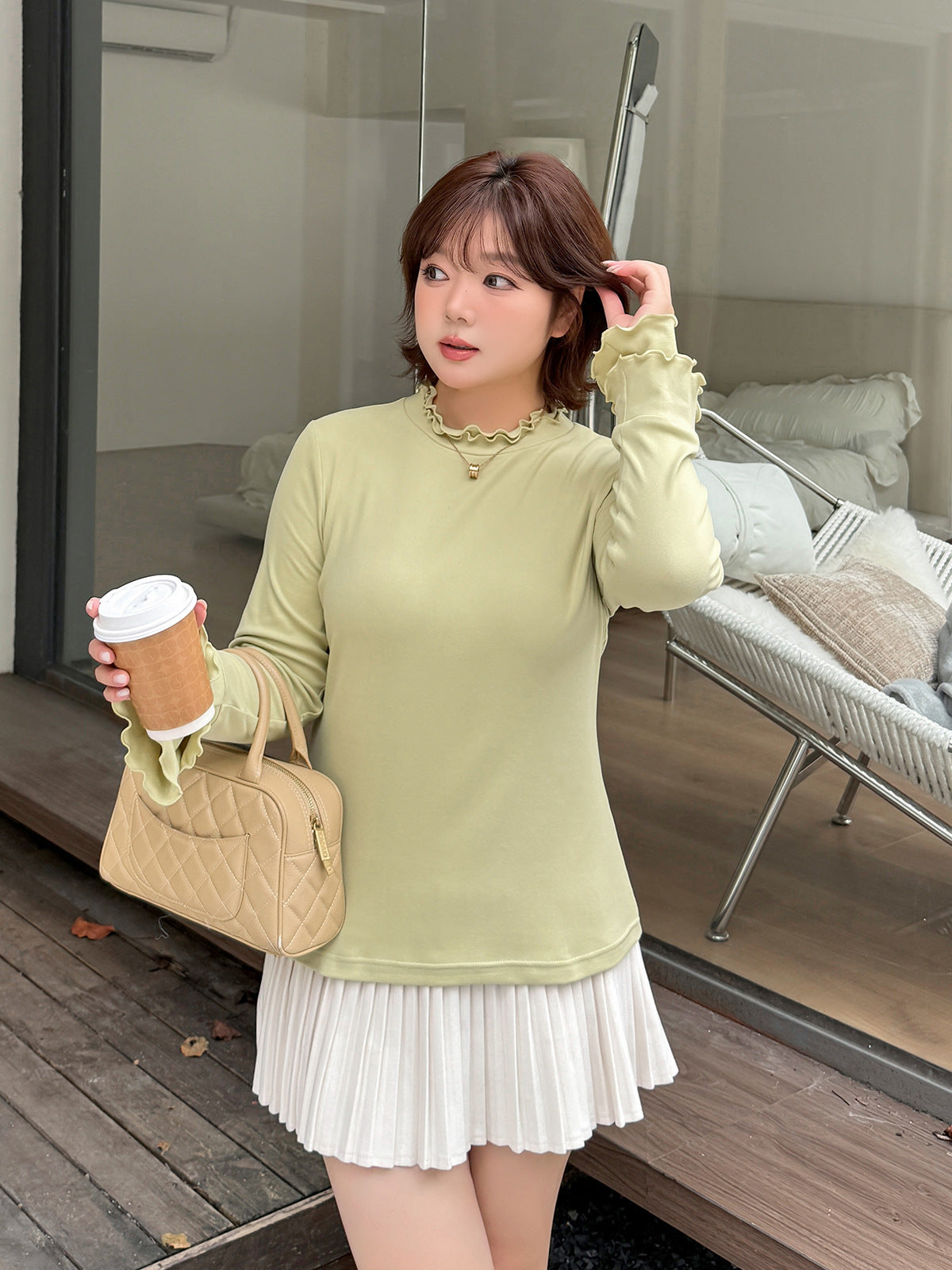 大きいサイズ レディース フリルネックスリムフィット長袖トップス LL 3L 4L 5L