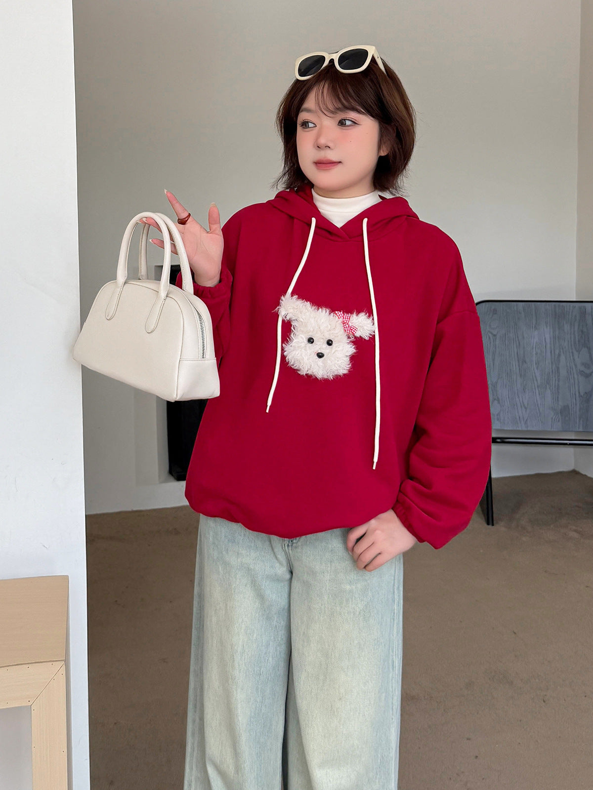 大きいサイズ レディース ふわふわ小犬厚手ニットスウェットパーカー LL 3L 4L 5L