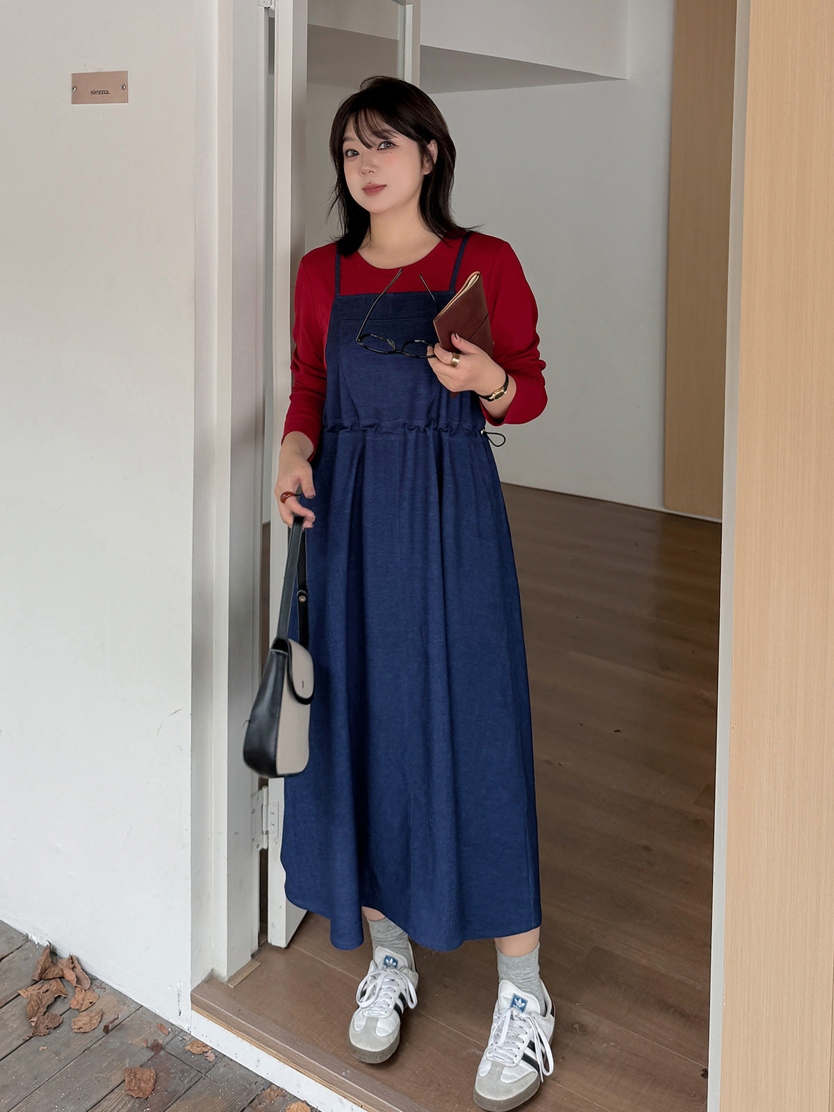 大きいサイズ レディース  フェイクツーピースワンピース（ニットインナー+デニムジャンパースカート） LL 3L 4L 5L