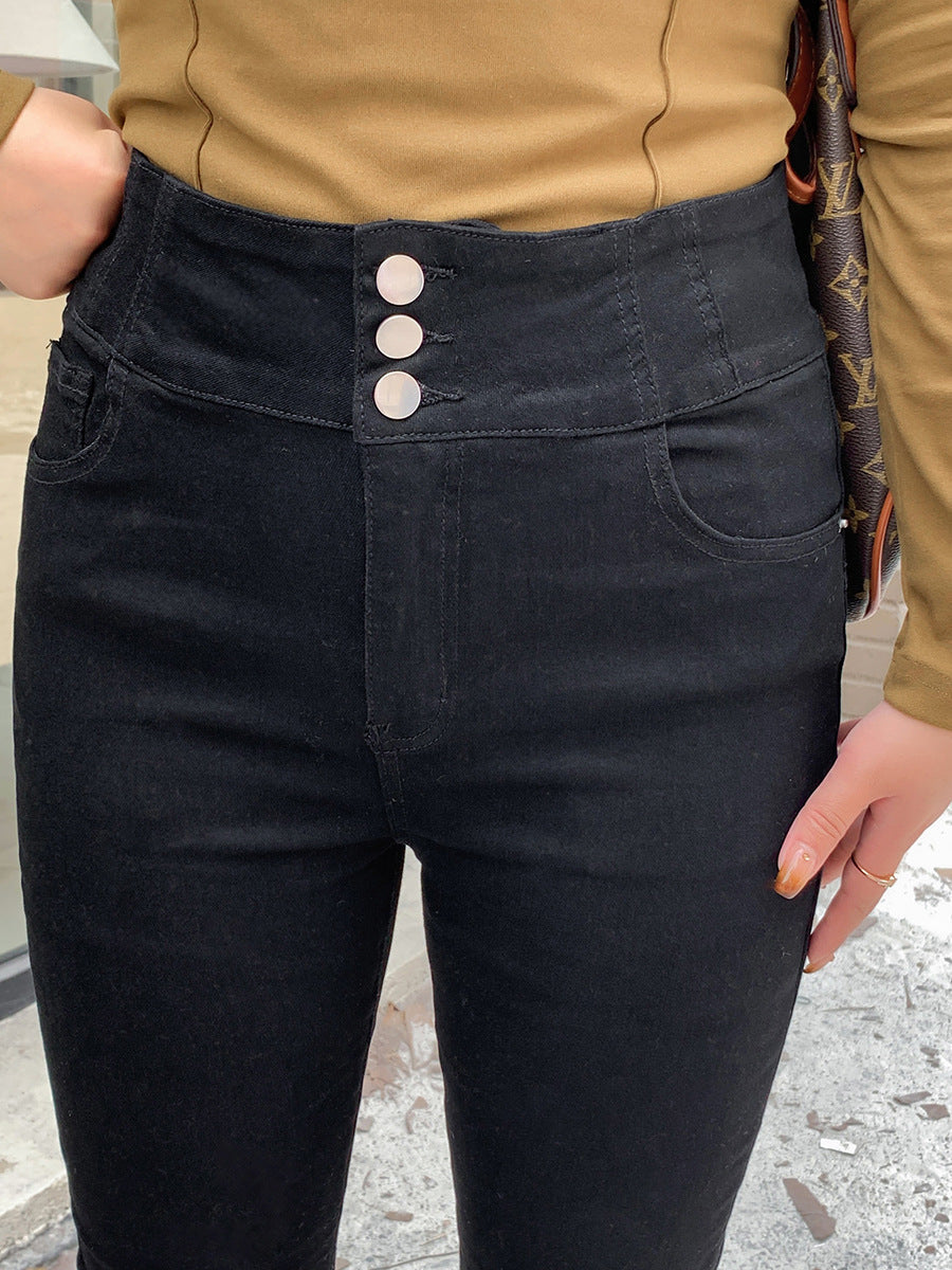 大きいサイズ レディース ハイウエストタイトブラック厚手デニムパンツ LL 3L 4L 5L