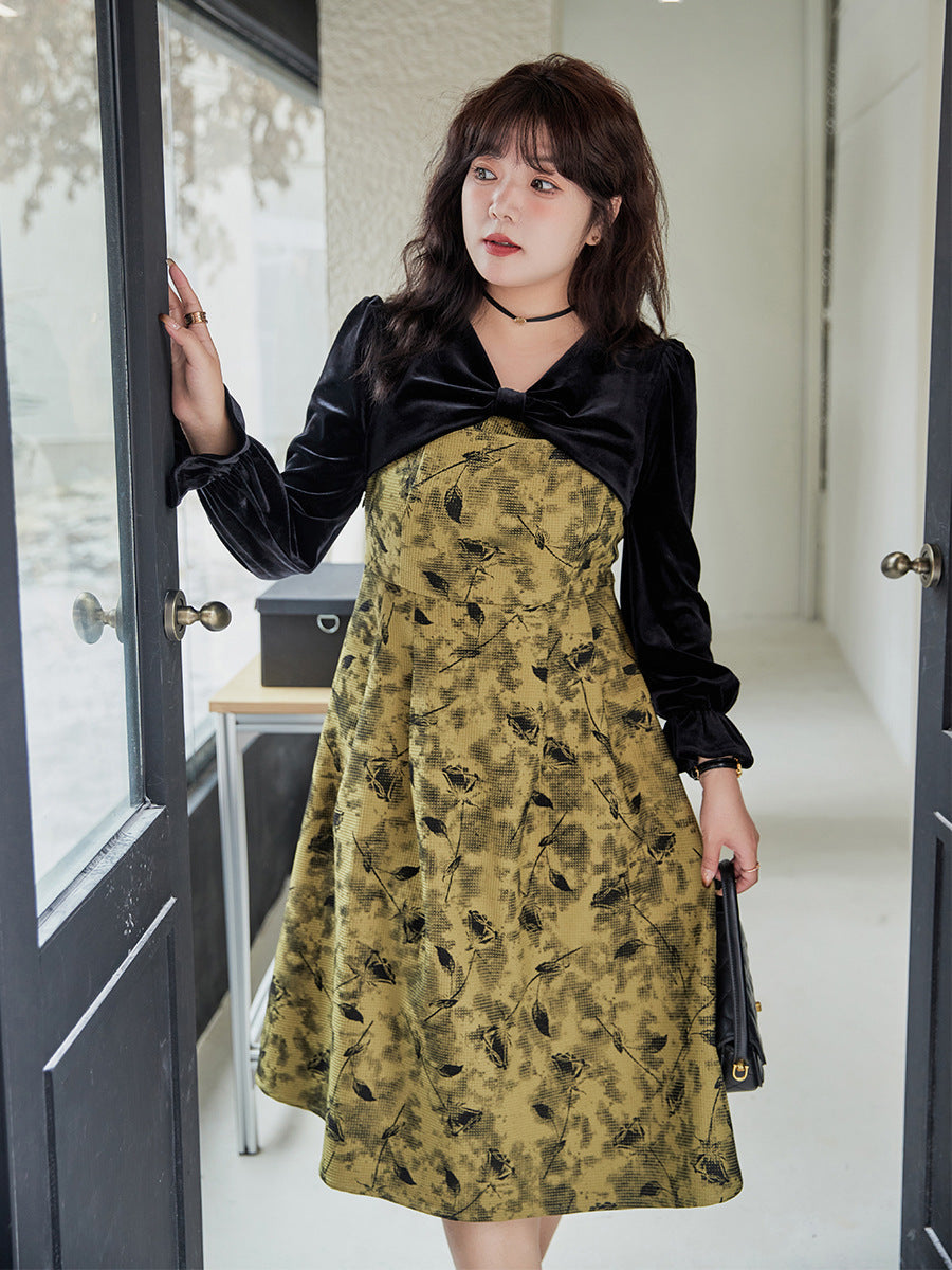 大きいサイズ レディース エレガントベルベットリボンプリントワンピース LL 3L 4L 5L