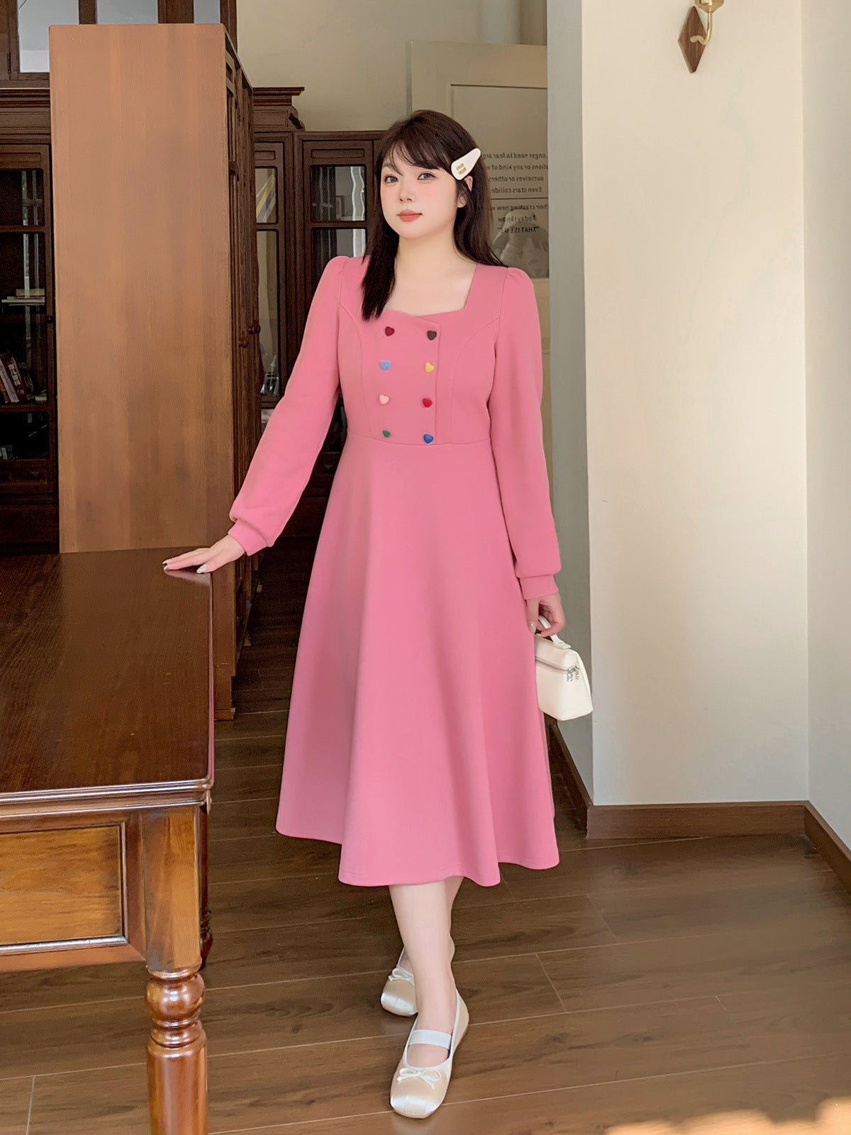 大きいサイズ レディース キャンディーカラーハートボタン付きスクエアネックフレンチワンピース LL 3L 4L 5L