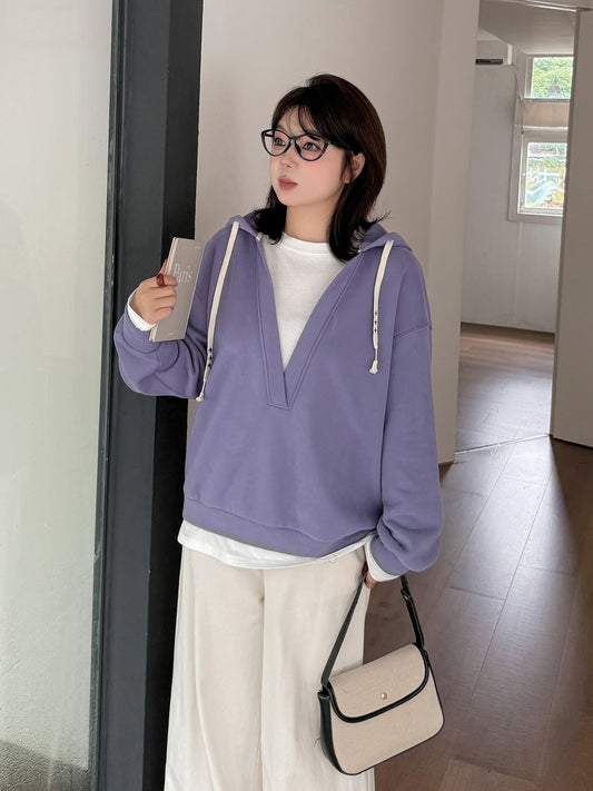 大きいサイズ レディース フード付き厚手フェイクツーピースカジュアルスウェットシャツ LL 3L 4L 5L